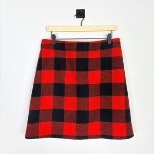 J Crew Buffalo Plaid Wool Blend A Line Mini Skirt Size 10 Red Black Preppy